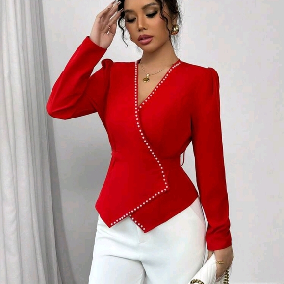 Tops - Women's Beaded Ruched Puff Sleeve Red Blouse